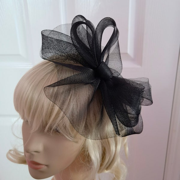 black crin fascinator wedding hat on headband ( can change into clips or comb)