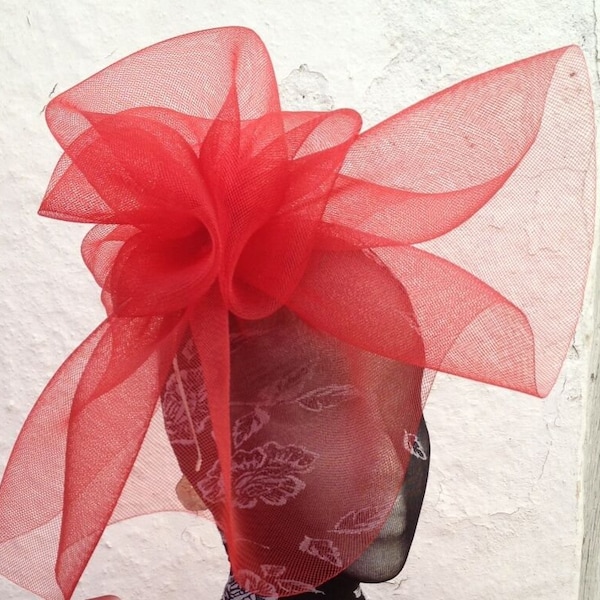 red crin fascinator wedding hat on headband ( can change into clips or comb)