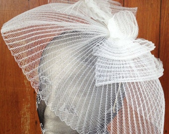 white crin fascinator wedding hat on headband ( can change into clips or comb)