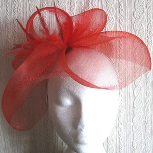 red crin fascinator wedding hat on headband ( can change into clips or comb)