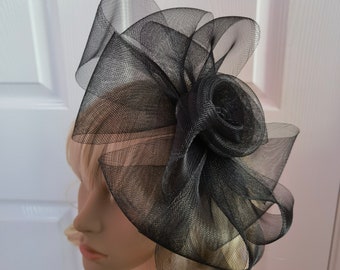 Black crin fascinator wedding hat on headband ( can change into clips or comb)