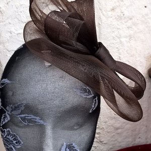 May include: A brown mesh hair bow with a large, curled bow. The bow is on a black mannequin head.