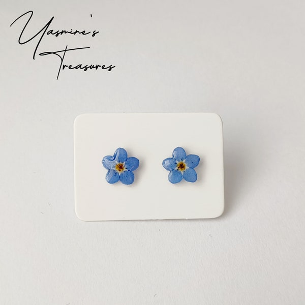 Handmade hypoallergenic Forget me not stud earrings, real pressed flowers