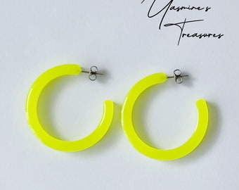 Handmade neon yellow hoop earrings, hypoallergenic jewellery.