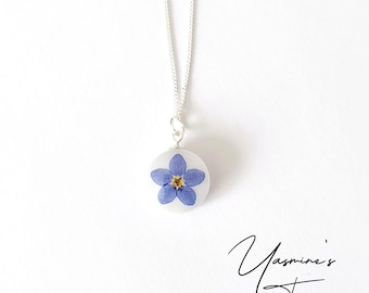 Handmade Forget me not white pendant with sterling silver chain