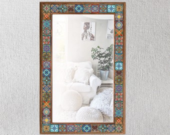 Mosaic Stone Mirror, Handmade Mirror, Ethnic Home Decor, Entryway Mirror, Aesthetic Tile, Rectangle Mirror, Mirror, Home Gift, Talavera Tile