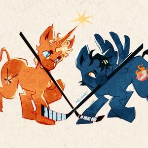 May include: An illustration of two cartoon unicorns playing hockey. One is orange with a horn and the other is blue. They are facing each other with hockey sticks and a star above them. The artist's name, YELLOART, is in the bottom right corner.