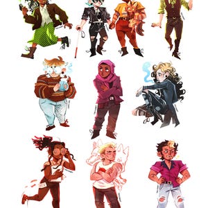 以下が含まれることがあります： 様々なポーズと服装の9人の多様なキャラクターのイラスト。キャラクターはユニークな髪型、服、アクセサリーを持っています。猫、カップ、杖などのオブジェクトを持っている人もいます。アートワークは鮮やかな色使いの漫画風です。