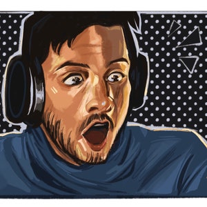 May include: Digital illustration of a person with a surprised expression, wearing headphones. The person's mouth is open, eyes wide, and eyebrows raised. The background is black with white polka dots and white triangles.