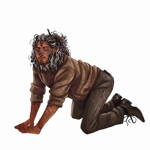 May include: Illustration of a person with curly gray hair, glasses, and a beard, wearing a brown sweater, pants, and boots. The person is kneeling on the ground with hands outstretched.