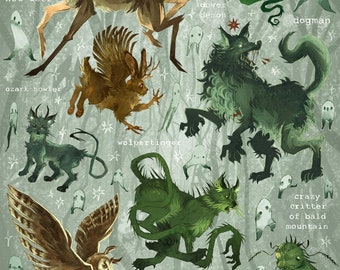 May include: Illustration of various cryptids, including a deer-like creature labeled "not deer", a green dragon-like "piuchén", and a wolf-like "dogman". The artwork features the text "CRYPTIDS" and "BY YELLOART".