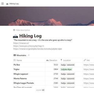 May include: A screenshot of a website displaying a hiking log with a list of mountains, their elevation, location, and links to further information. The website is titled "Hiking Log" and features a quote that reads "The mountain is not crazy - it's the one who goes up who is crazy."