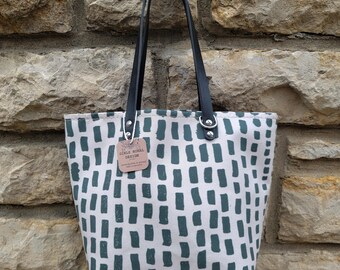 Block Print Market Bag: Cypress Cotton Canvas with Leather Straps