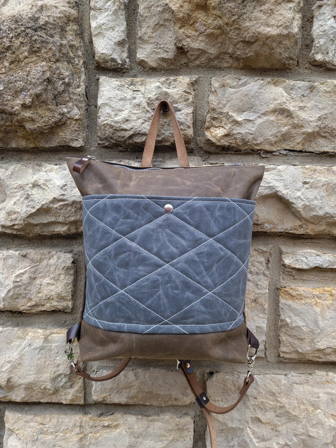 Quilted Waxed Canvas Backpack: Storm Gray & Toasted Tan  display picture 1