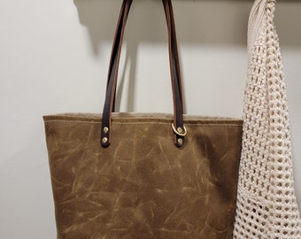 Waxed Cotton Twill Shopper Bag: Leather Handles, Solid Brass Hardware