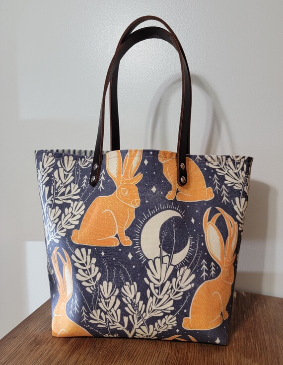 Jackalope Print Canvas Shopper Bag: Leather Straps, Designer Fabric