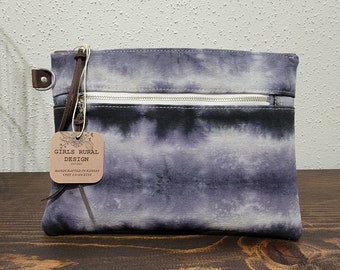 Double Zipper Pouch, Hand Dyed Shibori, Canvas, Leather Accents,  Blue/Grey, Handmade by GirlsRuralDesign, Made In USA, Linen Blend Lining