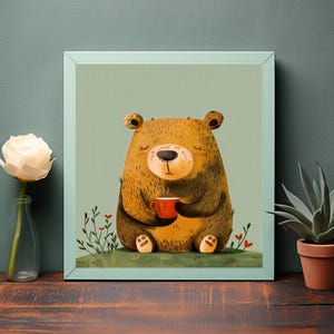 Cozy Cartoon Bear with Red Cup Enjoying a Warm Drink - Whimsical Wall Art for Instant Download and Home Decor