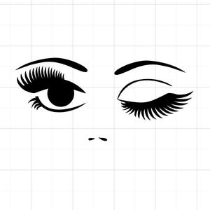 May include: A black and white graphic illustration of a face with one eye open and one eye winking. The open eye has a large pupil and long eyelashes. The winking eye also has long eyelashes. The nose is represented by two small dashes.