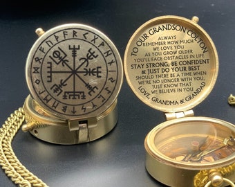 Brújula nórdica, Brújula grabada vikinga Vegvisir, Brújula de mitología nórdica, Brújula de trabajo, Regalo de aniversario, Regalo para él, Regalo para papá