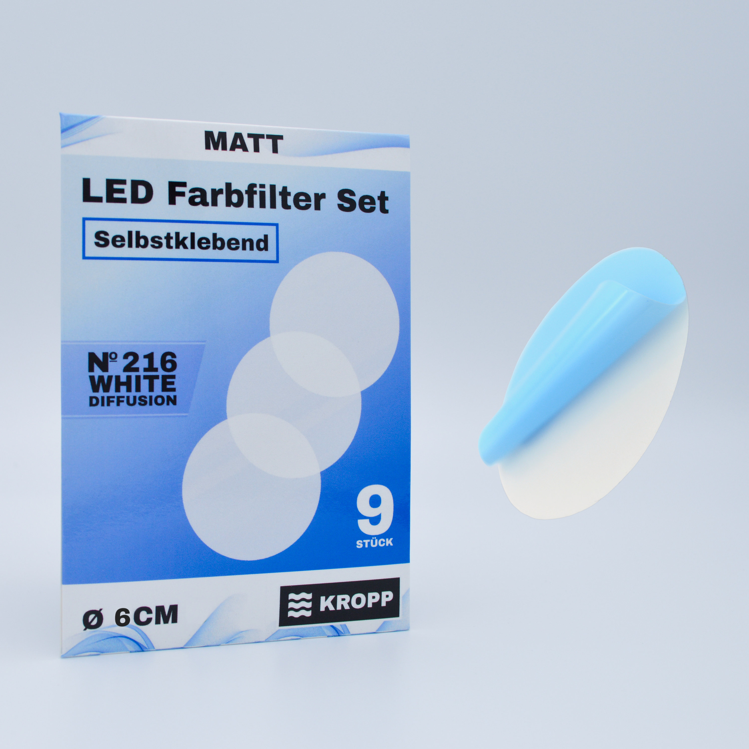 KROPP self-adhesive diffuser films for LED lamps, circle cut 6 cm, frosted glass film for beautiful optics and light distribution, 9 pieces