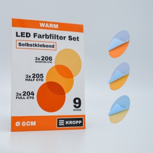 Zelfklevende kleurenfilms voor LED-lampen, 6 cm cirkel gesneden, 3 tinten warm witte kleurfilters voor kleurcorrectie, filterset à 9 stuks afbeelding 1