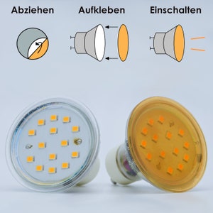 Selbstklebende Farbfolien für LED Lampen, 5 cm Kreiszuschnitt GU10, 3 Töne Warmweiß Farbfilter zur Farbkorrektur, Filterset mit 9 Stück zdjęcie 4