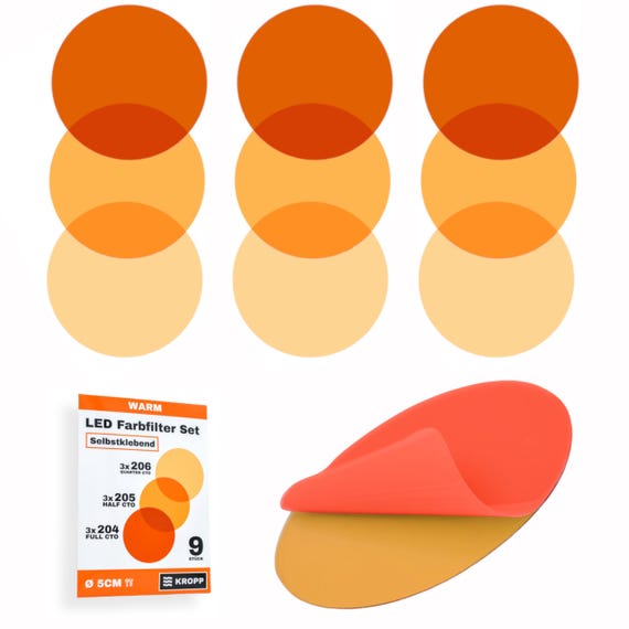 Selbstklebende Farbfolien für LED Lampen, 5 cm Kreiszuschnitt, 3 Töne Warmweiß Farbfilter zur Farbkorrektur, Filterset für LED Spots, 9 Stk.