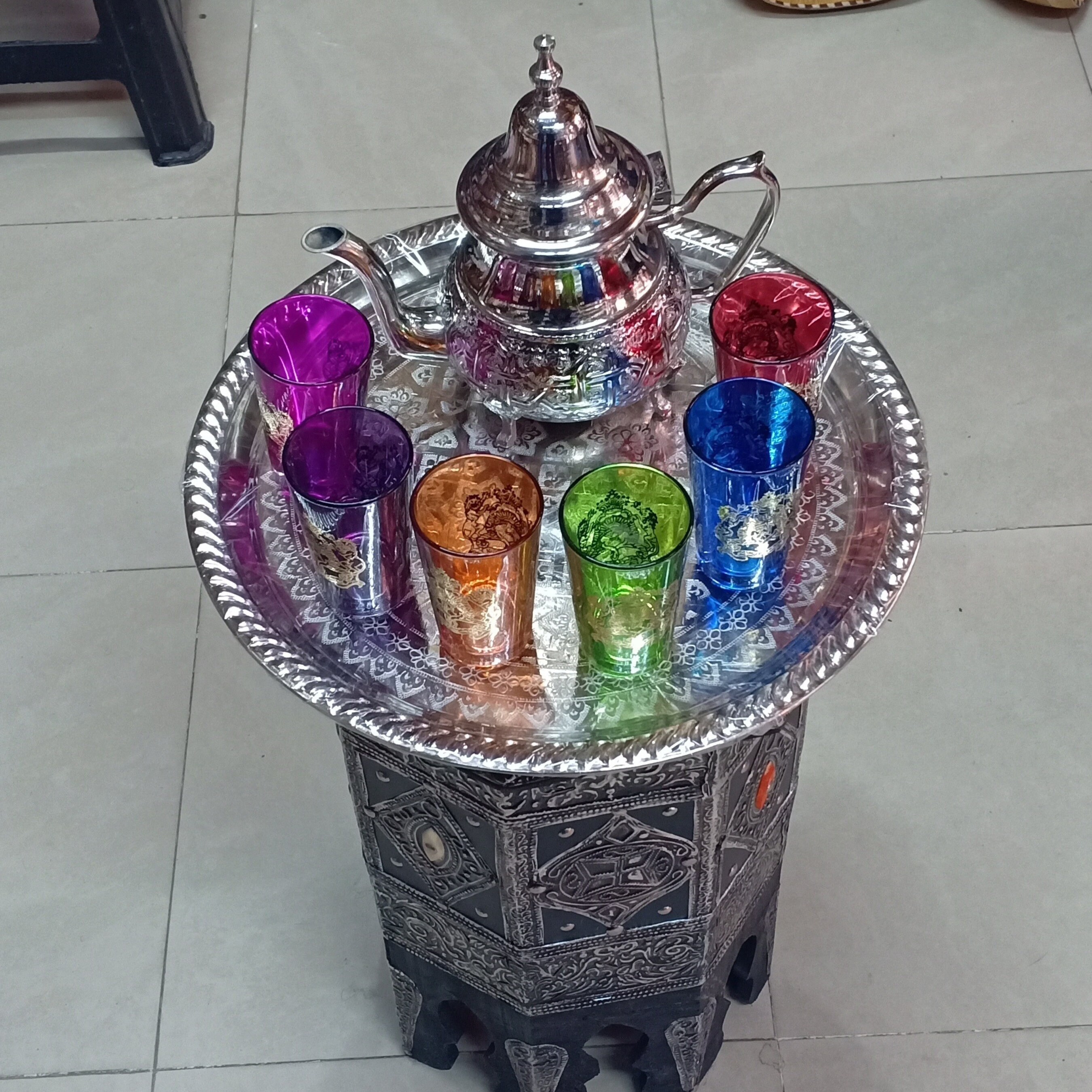 Traditional Moroccan Tea Set Includes 6 Different Colored Glass Cups, a