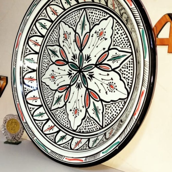 Assiette marocaine pour cuscús, assiette en poterie peinte à la main, très belle decoración marocaine antigua, gran assiette