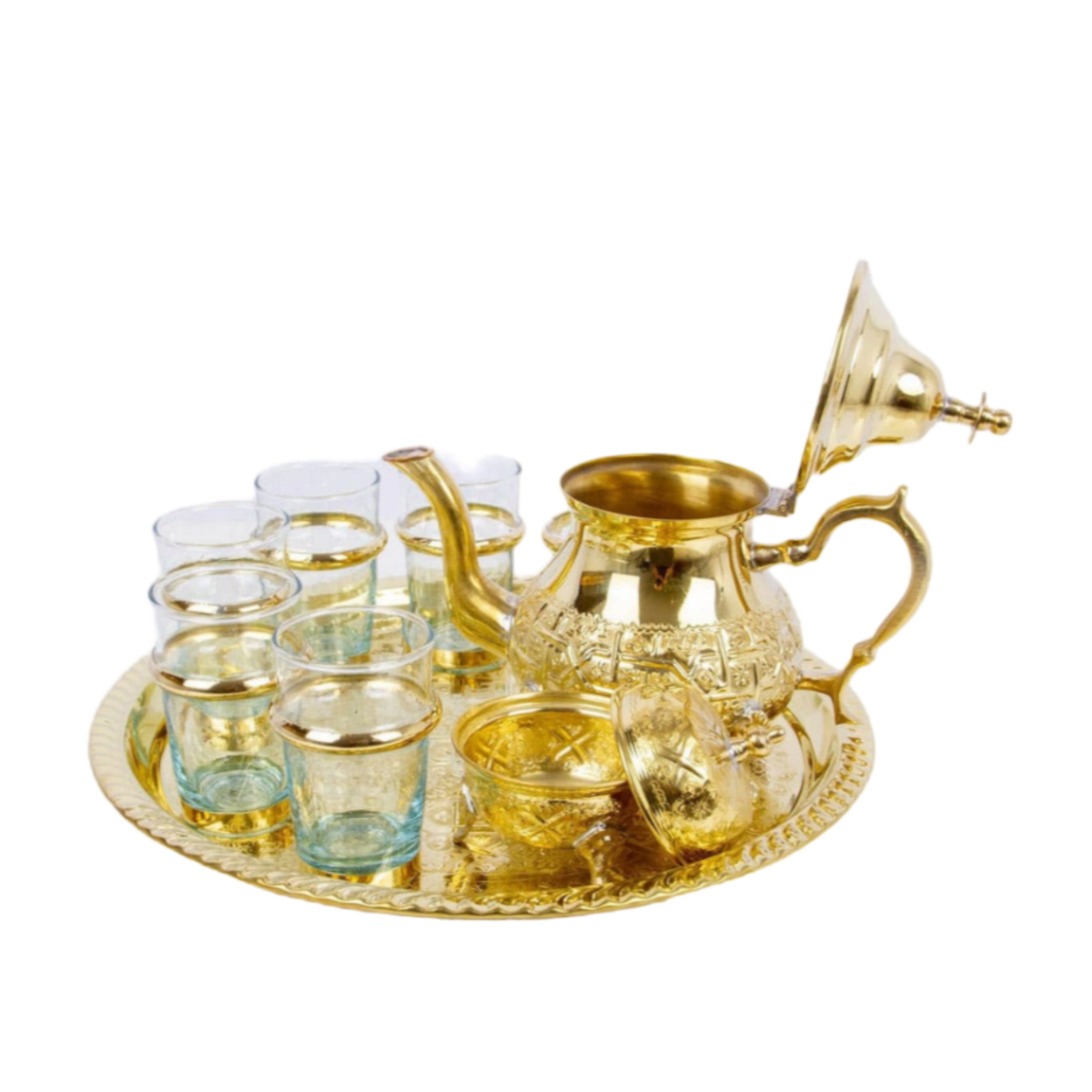 Service à thé marocain traditionnel : théière, plateau et verres Service à thé marocain traditionnel : théière, plateau et verres