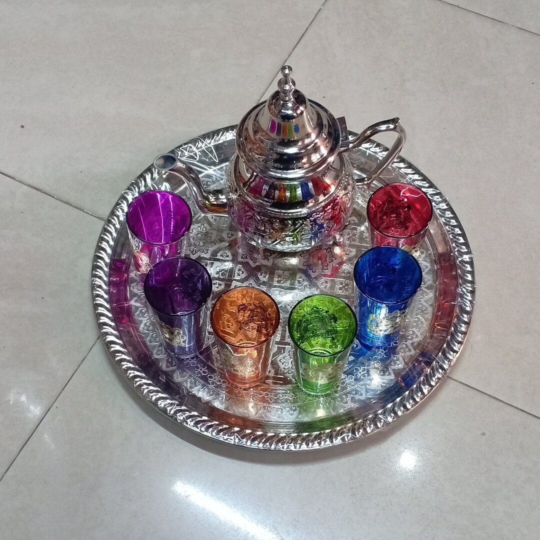 Traditional Moroccan Tea Set Includes 6 Different Colored Glass Cups, a