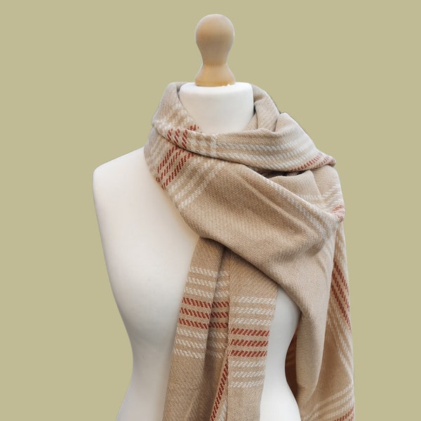 Beige, russet and white wool and angora wrap, scarf, shawl. Completely unique, only one made. Made in Yorkshire, UK.
