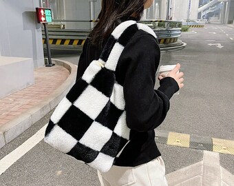 grey and white checkered purse