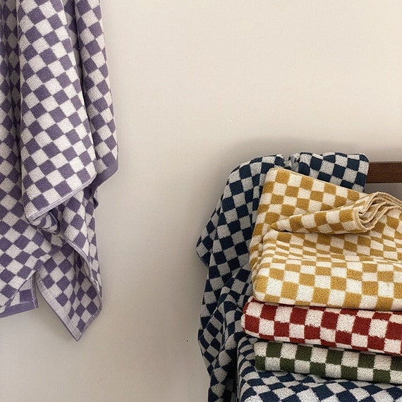 Retro Plaid Bath Towel Checkerboard Hand Towel Absorbent Face