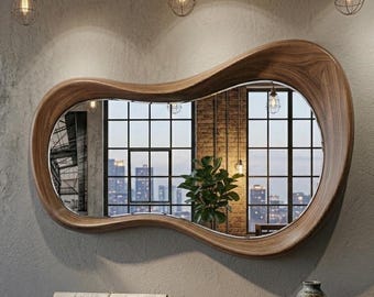 Walnut Irregular Mirror,  Wooden Mirror, Walnut Entryway Mirror, Decorative Wall Mirror, Mirror Wall Decor