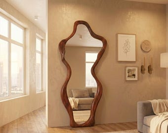Walnut Wood Full Length Mirror: Handmade Asymmetrical Farmhouse Home Decor, Irregular Wooden Frame