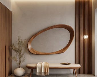 Espejo asimétrico con marco de madera de nogal: Decoración moderna para el hogar, tocador, baño, espejo de sala de estar