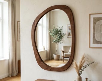 Espejo asimétrico de madera de nogal: decoración moderna para el hogar y la pared, tocador, baño, espejo de sala de estar.