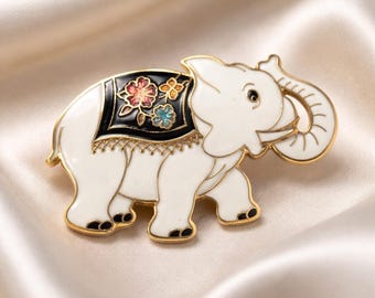 Vintage White Enamel Gold Tone Elephant Pin