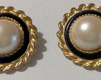 Park Lane Faux Pearl Black Enamel Twisted Rope Earrings, 1980s Retro