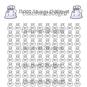 May include: A printable savings challenge tracker with 100 black and white money bag illustrations. Each bag has a $50 label. The text "$5000 Savings Challenge" and "Lisa Loves 2 Budget" is at the top of the page.