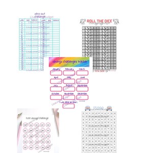May include: A printable set of savings challenge trackers and worksheets. The worksheets include a zero out budget, a $100 savings challenge, a $500 savings challenge, and a roll the dice savings tracker. The worksheets are designed to help people save money and track their progress.