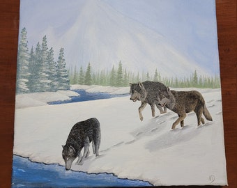 Fabriqué au Canada, unique en son genre, peinture de paysage d’hiver avec meute de loups.