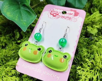 frog dangle drop earrings toad jewelry cute kawaii accessories nickel free handmade gift