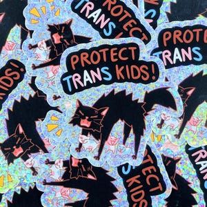 Protect Trans Kids cat sticker kittens lgbt pride holographic glitter waterproof scratch resistant uv