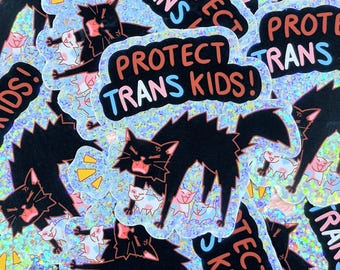 Protect Trans Kids cat sticker kittens lgbt pride holographic glitter waterproof scratch resistant uv