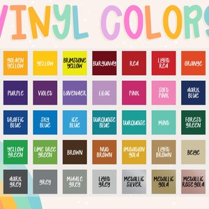 Może przedstawiać: Wzornik kolor&oacute;w zatytułowany VINYL COLORS, przedstawiający siatkę czterdziestu pięciu kwadratowych pr&oacute;bek. Każdy kwadrat prezentuje unikalny kolor z odpowiadającą mu nazwą napisaną białym lub czarnym tekstem, w tym odcienie takie jak biały, ż&oacute;łty, czerwony, niebieski oraz wykończenia metaliczne.