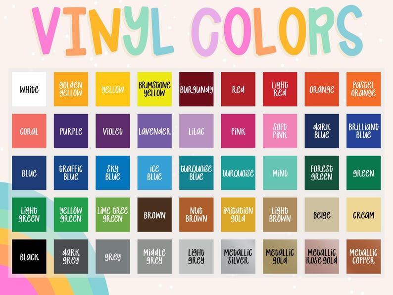 Może przedstawiać: Wzornik kolor&oacute;w zatytułowany VINYL COLORS, przedstawiający siatkę czterdziestu pięciu kwadratowych pr&oacute;bek. Każdy kwadrat prezentuje unikalny kolor z odpowiadającą mu nazwą napisaną białym lub czarnym tekstem, w tym odcienie takie jak biały, ż&oacute;łty, czerwony, niebieski oraz wykończenia metaliczne.