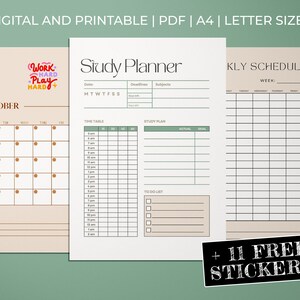 May include: A collection of printable study planners and a calendar. The study planner includes sections for deadlines, subjects, a timetable, and a to-do list. The calendar is for October. The image also includes the text "DIGITAL AND PRINTABLE | PDF | A4 | LETTER SIZE" and "+ 11 FREE STICKERS".